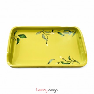 Light green rectangle lacquer tray hand-painted with leaves 15*25cm